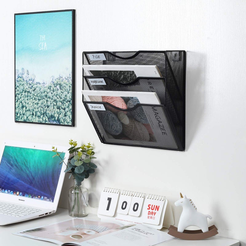 PAG Hanging Wall File Holder Mail Organizer Wall Mount Document Letter Rack, 3-Tier, Black - Image 5